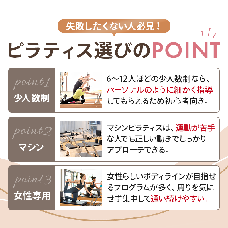 失敗したくない人必見！ピラティス選びのPOINT / point1:少人数制、point2:マシン、point3:女性専用